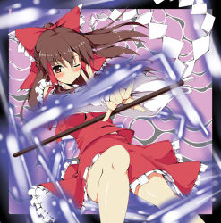 Rule 34 | 1girl, album cover, blush, bow, brown eyes, brown hair, cover, detached sleeves, female focus, foreshortening, gohei, hair bow, hakurei reimu, japanese clothes, large bow, legs, long hair, miko, one eye closed, outstretched arm, piromizu, smile, solo, touhou, wink
