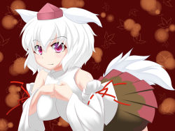 Rule 34 | 1girl, animal ears, bad id, bad pixiv id, bare shoulders, blush, breasts, detached sleeves, fang, hand on own chest, hat, inubashiri momiji, jantaku, large breasts, looking at viewer, red eyes, ribbon-trimmed sleeves, ribbon trim, shirt, short hair, silver hair, skirt, solo, tail, tokin hat, touhou, wolf ears, wolf tail