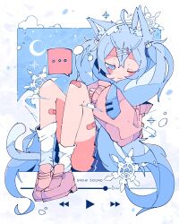 Rule 34 | ..., 1girl, absurdly long hair, absurdres, ahoge, animal ears, bandaid, bandaid on knee, bandaid on leg, blue eyes, blue hair, blue necktie, blue skirt, blush stickers, closed mouth, commentary request, crescent moon, fang, full body, haru57928031, hatsune miku, highres, loafers, long hair, long sleeves, loose socks, media player interface, miniskirt, moon, necktie, one eye closed, pink footwear, pink sweater, play button, pleated skirt, shoes, sitting, skin fang, skirt, sleeves past wrists, snow, socks, solo, spoken ellipsis, sweater, very long hair, vocaloid, white socks, yuki miku