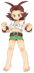Rule 34 | 1girl, angry, barefoot, brown eyes, character request, feet, green eyes, highres, oyatsu (mk2), red hair, shorts, simple background, solo, toes, white background