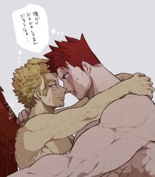 Rule 34 | 2boys, bara, beard, blonde hair, blue eyes, blush, boku no hero academia, completely nude, couple, endeavor (boku no hero academia), eye contact, facial hair, feathered wings, from side, goatee, hawks (boku no hero academia), highres, large pectorals, looking at another, mahoubin (totemo hot dayo), male focus, mature male, multiple boys, muscular, muscular male, nude, pectorals, red hair, red wings, scar, scar across eye, scar on face, short hair, sideburns, size difference, spiked hair, stubble, sweatdrop, thought bubble, toned, toned male, translation request, wings, yaoi