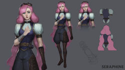 Rule 34 | 1girl, absurdres, alternate costume, ascot, bandaged arm, bandages, belt, black pants, brown belt, brown footwear, brown gloves, brown legwear, character name, commentary, english commentary, full body, gloves, goggles, goggles on head, grey background, hand up, highres, league of legends, long hair, mole, mole under eye, multiple views, pants, pink hair, puffy short sleeves, puffy sleeves, seraphine (league of legends), short sleeves, simple background, single glove, twintails, vest, vincent t (oriaarts)