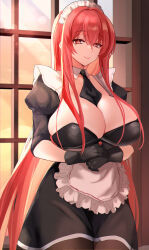 Rule 34 | 1girl, absurdres, apron, black dress, black gloves, black necktie, breasts, collar, commission, cowboy shot, detached collar, dress, gloves, highres, large breasts, long hair, maid, maid headdress, necktie, original, pantyhose, puffy sleeves, red eyes, red hair, sironekomia1, skeb commission, smile, solo, very long hair, waist apron, white apron, white collar