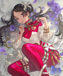 Rule 34 | 1girl, black eyes, black hair, bodysuit, bow, chain, collar, detached sleeves, earrings, fang, feet out of frame, finger to mouth, flower, frills, gran saga, hair ribbon, heart-shaped lock, highres, jewelry, key, lock, lying, o-ring, o-ring legwear, on back, open mouth, petals, puffy sleeves, ribbon, riesun, ring, skin fang, solo, spiked collar, spikes