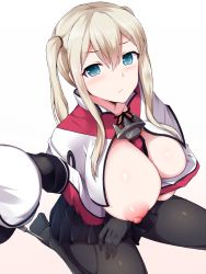 Rule 34 | 10s, 1girl, blonde hair, blouse, breasts, breasts out, female focus, graf zeppelin (kancolle), hair between eyes, hat, unworn hat, unworn headwear, highres, kantai collection, large breasts, looking at viewer, miniskirt, moruta (sunu-pio), nipples, open clothes, open shirt, pantyhose, pout, shirt, simple background, skirt, solo, sunu-pio, white background