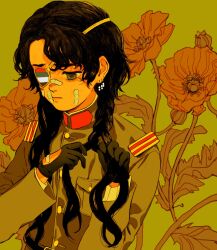 Rule 34 | bandaid, bandaid on cheek, bandaid on face, bandaid on nose, black gloves, black hair, borrowed character, braiding hair, buttons, eyepatch, flower, gloves, grey eyes, hairdressing, high collar, highres, looking down, manchukuo, manchukuo (guiguxiaogui), manchukuo flag, military uniform, nanimonothing, original, personification, uniform, upper body