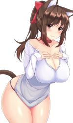 Rule 34 | 1girl, animal ears, black panties, blush, breasts, brown eyes, brown hair, cat ears, cat girl, cat tail, cleavage, closed mouth, collar, collarbone, cowboy shot, hair ribbon, hands on own chest, hands up, highres, large breasts, leaning forward, long hair, long sleeves, looking at viewer, no pants, original, panties, ponytail, red ribbon, ribbon, shirt, sidelocks, simple background, sleeves past wrists, smile, sogaya, solo, standing, tail, thick thighs, thighs, underwear, white background, white shirt