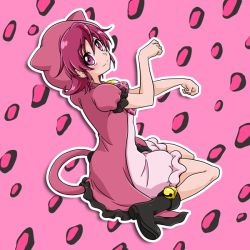 Rule 34 | 1girl, aida mana, bell, boots, cat tail, dokidoki! precure, flipped hair, full body, hood, jacket, jingle bell, nita (onakatohoppe), panther pink (precure), paw pose, pink background, pink eyes, pink hair, precure, short hair, skirt, smile, solo, tail