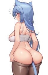 Rule 34 | 1girl, anal tail, animal ears, ass, blue hair, blush, bra, breasts, brown pantyhose, cat ears, closed mouth, commentary, english commentary, fake tail, from behind, highres, itsumi (kaptivate), kaptivate, large breasts, long hair, looking at viewer, original, pantyhose, red eyes, simple background, smile, solo, sweat, tail, underwear, wavy mouth, white background, white bra