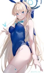 Rule 34 | 1girl, animal ears, aqua bow, aqua bowtie, bare shoulders, blonde hair, blue archive, blue eyes, blue hairband, blue leotard, bow, bowtie, breasts, commentary request, detached collar, earpiece, fake animal ears, fake tail, hairband, halo, highleg, highleg leotard, highres, kurenai no hikou-tei, leotard, long hair, medium breasts, official alternate costume, open mouth, playboy bunny, rabbit ears, rabbit tail, revision, solo, strapless, strapless leotard, tail, thighhighs, toki (blue archive), toki (bunny) (blue archive), v, white background, white thighhighs, white wrist cuffs, wrist cuffs