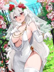 Rule 34 | 1girl, :d, absurdres, animal ears, blue sky, blurry, blurry background, breasts, bridal veil, cloud, collarbone, covered navel, day, dress, elbow gloves, fence, flower, garden, gloves, gold choker, hair between eyes, hair flower, hair ornament, highres, korean commentary, large breasts, long hair, looking at viewer, mindoll, open mouth, original, outdoors, rabbit ears, red eyes, rose, sky, smile, solo, standing, thighhighs, underboob, veil, very long hair, white dress, white gloves, white hair, white thighhighs