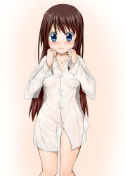 Rule 34 | 1girl, blue eyes, blush, bottomless, breasts, brown hair, dress shirt, hanamaru youchien, highres, long hair, naked shirt, nipples, no bra, no panties, nurie, pussy, see-through, shirt, small breasts, smile, solo, tsuchida satsuki, uncensored