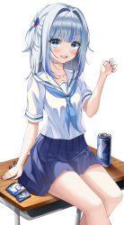 Rule 34 | 1girl, :d, absurdres, biscuit (bread), bloop (gawr gura), blue eyes, blue nails, blue skirt, blush, can, desk, drink can, gawr gura, hair between eyes, highres, hololive, hololive english, looking at viewer, multicolored hair, nail polish, on desk, open mouth, sailor collar, school uniform, shark girl, sharp teeth, shirt, short hair, short sleeves, siru, sitting, on desk, skirt, smile, soda can, solo, streaked hair, table, teeth, twintails, virtual youtuber, white hair, white shirt