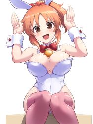 Rule 34 | 1girl, :d, abe nana, alternate costume, animal ears, blush, bow, bowtie, breasts, brown eyes, cleavage, commentary request, covered navel, detached collar, fake animal ears, food, fruit, hands up, highres, idolmaster, idolmaster cinderella girls, large breasts, leotard, looking at viewer, open mouth, orange (fruit), orange hair, pataneet, playboy bunny, rabbit ears, red bow, red bowtie, red thighhighs, simple background, sitting, smile, solo, thighhighs, white background, white leotard
