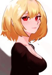 Rule 34 | 1girl, black shirt, blonde hair, bob cut, borrowed character, breasts, cleavage, closed mouth, from side, highres, large breasts, light smile, looking at viewer, looking to the side, medium hair, original, sekoshi (some1else45), shirt, solo, vergil mon