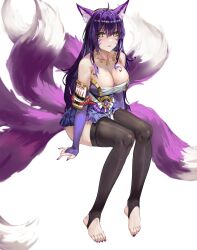 Rule 34 | 1girl, absurdres, animal ears, azur lane, bandages, black thighhighs, breasts, bridal gauntlets, chest sarashi, cleavage, commentary request, elbow gloves, facial mark, feet, fox ears, fox tail, gloves, hair between eyes, highres, large breasts, legs, long hair, multiple tails, musashi (azur lane), nail polish, no shoes, purple gloves, purple hair, sarashi, sitting, solo, stirrup legwear, tail, thighhighs, thighs, toeless legwear, toenail polish, toenails, toes, very long hair, whisker markings, yellow eyes, yu ruo