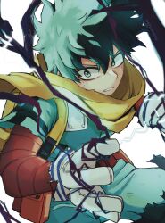 Rule 34 | 1boy, artist name, backpack, bag, belt pouch, black whip (boku no hero academia), blurry, blush, bodysuit, boku no hero academia, cape, commentary, electricity, film grain, floating clothes, floating hair, foreshortening, freckles, gloves, green bodysuit, green eyes, green hair, hair between eyes, hands up, highres, leaning forward, male focus, midoriya izuku, narrowed eyes, official alternate costume, parted lips, pouch, reallyveverka, serious, short hair, sideways glance, simple background, solo, spoilers, torn clothes, torn gloves, torn sleeve, upper body, v-shaped eyebrows, white background, yellow bag, yellow cape