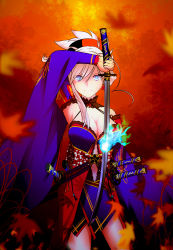 Rule 34 | 1girl, applechoc, autumn leaves, blue eyes, breasts, commentary request, detached sleeves, earrings, fate/grand order, fate (series), hair ornament, highres, japanese clothes, jewelry, katana, kimono, large breasts, leaf, looking at viewer, miyamoto musashi (fate), miyamoto musashi (third ascension) (fate), pink hair, ponytail, sash, smile, solo, sword, thighhighs, weapon