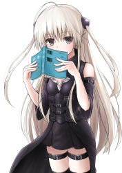 Rule 34 | 1girl, alternate hairstyle, bare shoulders, black dress, blush, book, breasts, cape, cleavage cutout, clothing cutout, commentary request, cosplay, covering own mouth, cowboy shot, detached sleeves, dress, green eyes, grey eyes, hands up, highres, holding, holding book, kasugano sora, konjiki no yami, konjiki no yami (cosplay), long hair, skindentation, small breasts, solo, thigh strap, to love-ru, to love-ru darkness, two side up, very long hair, white hair, wide sleeves, yosuga no sora, yuyami no sora