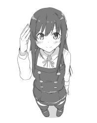 Rule 34 | 1girl, absurdres, asashio (kancolle), commentary request, dress, dress shirt, from above, full body, greyscale, highres, kantai collection, long hair, long sleeves, looking at viewer, monochrome, neck ribbon, perspective, pinafore dress, ribbon, rockborder, salute, shirt, simple background, sleeveless dress, solo