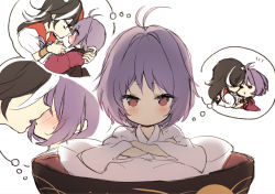 Rule 34 | 1girl, antenna hair, black hair, blush, bowl, commentary request, horns, imagining, imminent kiss, in bowl, in container, japanese clothes, kijin seija, kimono, long sleeves, looking at viewer, multicolored hair, pillow, piyokichi, purple hair, red eyes, short hair, simple background, solo, streaked hair, sukuna shinmyoumaru, thought bubble, touhou, white background, white kimono, wide sleeves, yuri