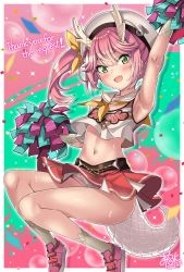 Rule 34 | 1girl, armpits, azur lane, cheerleader, clothes lift, commission, crop top, dragon girl, dragon horns, dragon tail, green eyes, hat, highres, holding, holding pom poms, horns, looking at viewer, macaroni hourensou, navel, necktie, panties, pink footwear, pink hair, pom pom (cheerleading), pom poms, red skirt, ribbon, ribbon hair, ryuujou (azur lane), sailor collar, scales, shoes, side ponytail, signature, skeb commission, skirt, skirt lift, solo, tail, thighs, underwear, yellow necktie, yellow ribbon