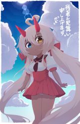 Rule 34 | 1girl, ahoge, azur lane, blue eyes, blue sky, bow, breasts, closed mouth, cloud, commentary request, dark-skinned female, dark skin, dress, expressionless, feet out of frame, grey hair, hair bow, heart, heart ahoge, heterochromia, highres, horns, indianapolis (at school with my sister...) (azur lane), indianapolis (azur lane), kado (hametunoasioto), lens flare, long hair, looking at viewer, medium breasts, panties, pinafore dress, red bow, red dress, sailor collar, school uniform, skirt, sky, sleeveless dress, solo, translation request, twintails, underwear, very long hair, white panties, yellow eyes