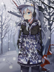 Rule 34 | 1girl, bad id, bad pixiv id, bare tree, black pantyhose, blue eyes, bucket, camouflage, camouflage jacket, cowboy shot, earmuffs, flat cap, fur trim, hair between eyes, hands in pocket, hat, hibiki (kancolle), highres, holding, huwari (dnwls3010), jacket, kantai collection, long hair, looking to the side, miniskirt, outdoors, pantyhose, pleated skirt, rigging, silver hair, skirt, snow, solo, standing, tree, verniy (kancolle)