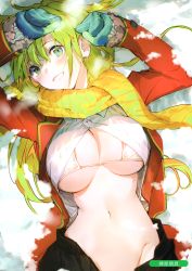 Rule 34 | 1girl, absurdres, arms up, black skirt, blazer, blue eyes, bra, breasts, cleavage, dress shirt, duplicate, green hair, grin, groin, highres, hougu souji, jacket, large breasts, long hair, long sleeves, looking at viewer, lying, melonbooks, mittens, navel, on back, open clothes, open jacket, open shirt, open skirt, red jacket, scan, scarf, shirt, skirt, smile, snow, solo, stomach, underwear, white bra, white shirt, winter clothes