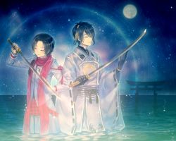Rule 34 | 10s, 2boys, bad id, bad pixiv id, black gloves, blue hair, brown hair, earrings, closed eyes, full moon, gloves, highres, holding, holding sword, holding weapon, japanese clothes, jewelry, kashuu kiyomitsu, katana, male focus, mikazuki munechika, mole, mole under mouth, moon, multiple boys, nail polish, nishiki koi, outdoors, partially submerged, ponytail, red nails, scarf, sky, smile, star (sky), star trail, starry sky, sword, torii, touken ranbu, wading, water, weapon