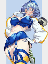 Rule 34 | 1girl, absurdres, bandeau, blue bandeau, blue hair, blue headwear, breasts, cleavage, garter straps, gloves, gotland (kancolle), grey eyes, highres, holding, holding umbrella, jacket, kantai collection, large breasts, looking at viewer, midriff, mole, mole under eye, navel, official alternate costume, open mouth, panties, pointing, pointing at self, race queen, sheep, short hair, smile, solo, torisan, umbrella, underwear, upskirt, white gloves, white jacket, white panties
