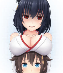 Rule 34 | 10s, 2girls, bare shoulders, black hair, blush, breast rest, breasts, breasts on head, brown hair, hair between eyes, hair flaps, hair ornament, headgear, highres, japanese clothes, kantai collection, large breasts, looking at viewer, looking up, multiple girls, nervous smile, nontraditional miko, ogoro, red eyes, shigure (kancolle), short hair, smile, sweat, yamashiro (kancolle)