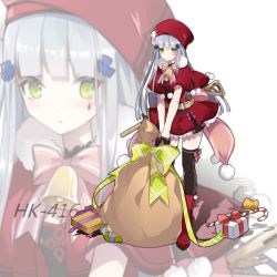 Rule 34 | 1girl, absurdres, bag, bell, black gloves, black thighhighs, boots, bow, candy, candy cane, character name, christmas, expressionless, food, full body, gift, girls&#039; frontline, gloves, green bow, green eyes, grey hair, hat, highres, hk416 (girls&#039; frontline), knee boots, long hair, looking at viewer, pink bow, plaid, plaid bow, pom pom (clothes), red footwear, red hat, red skirt, shawl, skirt, solo, standing, teardrop tattoo, thighhighs, thighhighs under boots, vilor, zoom layer