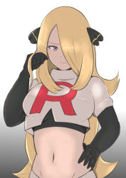 Rule 34 | 1girl, absurdres, alternate costume, black gloves, blonde hair, breasts, closed mouth, cosplay, creatures (company), cynthia (pokemon), game freak, gloves, gradient background, groin, hair ornament, hair over one eye, hand in own hair, hand on own hip, highres, jessie (pokemon), jessie (pokemon) (cosplay), long hair, looking at viewer, midriff, navel, nintendo, parted bangs, pokemon, pokemon dppt, rhythm yuki, single letter, smile, solo, tank top, team rocket, team rocket uniform, upper body, white background, white tank top, yellow eyes