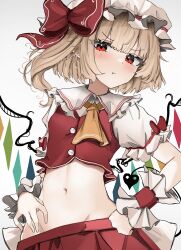 Rule 34 | 1girl, absurdres, ascot, belly, blonde hair, blush, closed mouth, clothes pull, collared shirt, cowboy shot, crystal, flandre scarlet, frilled shirt collar, frills, groin, hat, highres, long hair, mob cap, navel, orange ascot, ougiikun, pout, red eyes, red skirt, shirt, short sleeves, simple background, skirt, skirt pull, solo, stomach, touhou, undressing, white background, white hat, white shirt, wings, wrist cuffs