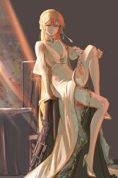 Rule 34 | 1girl, absurdres, assault rifle, bare legs, blonde hair, breasts, bullpup, closed mouth, collarbone, dress, earrings, girls&#039; frontline, gun, heart, heart earrings, high heels, highres, holding leg, jewelry, knee up, leg up, legs, long hair, looking at viewer, mo geng, nail polish, necklace, official alternate costume, ots-14 (destined love) (girls&#039; frontline), ots-14 (girls&#039; frontline), ots-14 groza, rifle, scope, sitting, small breasts, solo, weapon, yellow dress, yellow eyes, yellow footwear