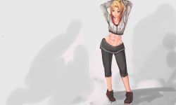Rule 34 | 1girl, abs, arms up, blonde hair, breasts, cleavage, commentary, contrapposto, crop top, english commentary, fate/apocrypha, fate/grand order, fate (series), full body, green eyes, highres, midriff, mordred (fate), mordred (fate/apocrypha), navel, nike (company), panties (pantsu-pirate), pants, pigeon-toed, shoes, small breasts, sneakers, solo, standing, stretching, yoga pants