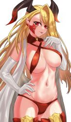 Rule 34 | 1girl, :p, bikini, blonde hair, breasts, collarbone, commentary request, criss-cross halter, elbow gloves, fate/grand order, fate (series), gloves, halterneck, hand on own hip, highres, horns, kugiseiichi, large breasts, long hair, looking at viewer, nero claudius (fate), nero claudius (fate) (all), queen draco (fate), queen draco (third ascension) (fate), red bikini, red eyes, red thighhighs, simple background, solo, swimsuit, thighhighs, tongue, tongue out, underboob, white background, white gloves