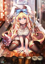 Rule 34 | 1girl, animal ears, bad id, bad pixiv id, black pantyhose, blonde hair, blue bow, blue eyes, blush, boots, unworn boots, bow, breasts, gift, hair bow, kyjsogom, large breasts, long hair, looking at viewer, original, pantyhose, rabbit ears, red ribbon, ribbon, rug, seiza, sitting, smile, solo, watermark, web address