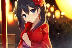 Rule 34 | 10s, 1girl, alternate costume, alternate hairstyle, black hair, blue eyes, blush, breasts, candy apple, female focus, flower, food, hair flower, hair ornament, japanese clothes, kantai collection, kimono, large breasts, long hair, looking at viewer, netarou, red kimono, solo, twintails, ushio (kancolle), yukata