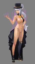 Rule 34 | 00s, 1girl, absurdres, asymmetrical clothes, boots, breasts, collarbone, dungeon and fighter, female pubic hair, full body, hand on own hip, hat, high heel boots, high heels, highres, light purple hair, long hair, looking at viewer, magic, medium breasts, midfinger, navel, necromancer (dungeon and fighter), nipples, nude, pubic hair, pussy, red eyes, simple background, skindentation, solo, standing, thief (dungeon and fighter), top hat, uncensored, white background