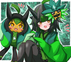 Rule 34 | + +, 1girl, :o, absurdres, black hair, black horns, black pantyhose, blush, cafe berry, creature and personification, creatures (company), game freak, green hair, highres, horns, mask, mask on head, multicolored hair, nintendo, ogerpon, pantyhose, personification, pokemon, pokemon (creature), sitting, streaked hair, yellow eyes