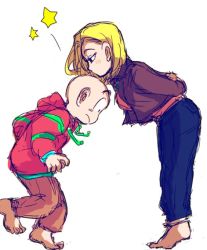 Rule 34 | 1boy, 1girl, aida kaiko, android 18, bald, barefoot, black eyes, blonde hair, blush, couple, dragon ball, dragonball z, full body, height difference, hetero, jacket, kiss, kuririn, leaning forward, looking down, pants, short hair, simple background, standing, star (symbol), surprised, sweater, white background