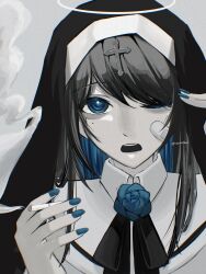 Rule 34 | 1girl, ado (utaite), bandaid, bandaid on face, black bow, black bowtie, black hair, blue eyes, blue flower, blue hair, blue nails, blue rose, bow, bowtie, chando (ado), colored inner hair, commentary, flower, flower brooch, grey background, greyscale, hair over one eye, halo, highres, kamippoina (vocaloid), long hair, looking at viewer, mole, mole under eye, monochrome, multicolored hair, nail polish, nun, one eye closed, open mouth, rose, sidelocks, solo, spica (spica5f9ea0), spot color, teeth, two-tone hair, upper body, upper teeth only