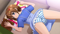 Rule 34 | 1girl, ass, blue eyes, blue stripes, blush, book, brown hair, cameltoe, closed mouth, commission, couch, crotch, hair ornament, hairclip, indoors, looking at viewer, lyrical nanoha, mahou shoujo lyrical nanoha, mahou shoujo lyrical nanoha a&#039;s, on couch, panties, pillow, pixiv commission, shiny skin, short hair, skirt, smile, solo, striped clothes, striped panties, suspenders, tooo, top-down bottom-up, underwear, x hair ornament, yagami hayate