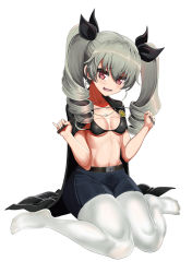 Rule 34 | 1girl, absurdres, anchovy (girls und panzer), anzio (emblem), anzio school uniform, belt, bikini, bikini top only, black belt, black bikini, black cape, black ribbon, black skirt, cape, drill hair, emblem, girls und panzer, green hair, hair ribbon, highres, holding, long hair, medium hair, miniskirt, no shirt, no shoes, open mouth, pantyhose, pinky out, pleated skirt, red eyes, ribbon, riding crop, school uniform, sitting, skirt, smile, solo, swimsuit, twin drills, twintails, wariza, wavy mouth, white pantyhose, ydg (eorbsaos1004)