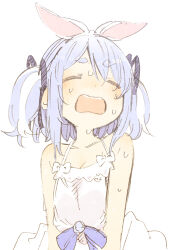 Rule 34 | 1girl, abara heiki, blue hair, blush, closed eyes, dress, hair ribbon, hololive, multicolored hair, open mouth, ribbon, simple background, sleeveless, sleeveless dress, solo, streaked hair, sweat, thick eyebrows, tied ears, two side up, usada pekora, virtual youtuber, white background, white dress, white hair