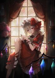 Rule 34 | 1girl, black bow, black bowtie, black footwear, blonde hair, book, bookshelf, bow, bowtie, crystal wings, curtains, dress, fang, flandre scarlet, flower, flower pot, frilled dress, frilled wristband, frills, hair bow, hat, hat bow, highres, holding, holding book, kyusoukyu, looking at viewer, mary janes, medium hair, mob cap, open mouth, pink flower, pink rose, red bow, red bowtie, red dress, red eyes, red ribbon, ribbon, rose, shoes, sidetail, sitting, skin fang, smile, socks, solo, touhou, white hat, white socks, window, wings