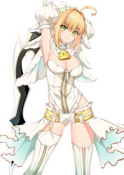 Rule 34 | 1girl, absurdres, ahoge, arm behind head, arm up, armpits, bad id, bad pixiv id, belt, blonde hair, blush, bodysuit, breasts, catnnn, chain, cleavage, commentary request, dress, fate/grand order, fate (series), flower, green eyes, hair intakes, highres, holding, holding weapon, large breasts, lock, looking at viewer, nero claudius (bride) (fate), nero claudius (bride) (second ascension) (fate), nero claudius (fate), nero claudius (fate) (all), padlock, ribbon, simple background, smile, solo, weapon, white background, zipper