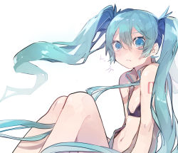 Rule 34 | 1girl, bare shoulders, bikini, black bikini, blue eyes, blue hair, blush, closed mouth, collared shirt, flat chest, from side, grey shirt, hatsune miku, highres, knees up, long hair, looking back, looking to the side, naruto maki, navel, number tattoo, open clothes, open shirt, shirt, shoulder tattoo, simple background, sitting, sleeveless, sleeveless shirt, solo, swimsuit, tattoo, twintails, very long hair, vocaloid, white background